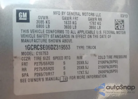 2013 Chevrolet Silverado 1500 Lt z USA, uszkodzony, nr VIN 1GCRCSE06DZ319553